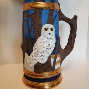 Large Vintage 90s Pottery Stein With Flying  Snow Owls and Tree Branch Handle.